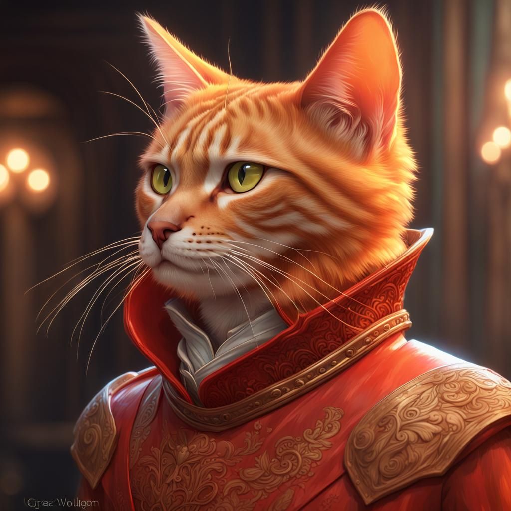 Orange Cat in Red Plate Mail: Detailed Portrait