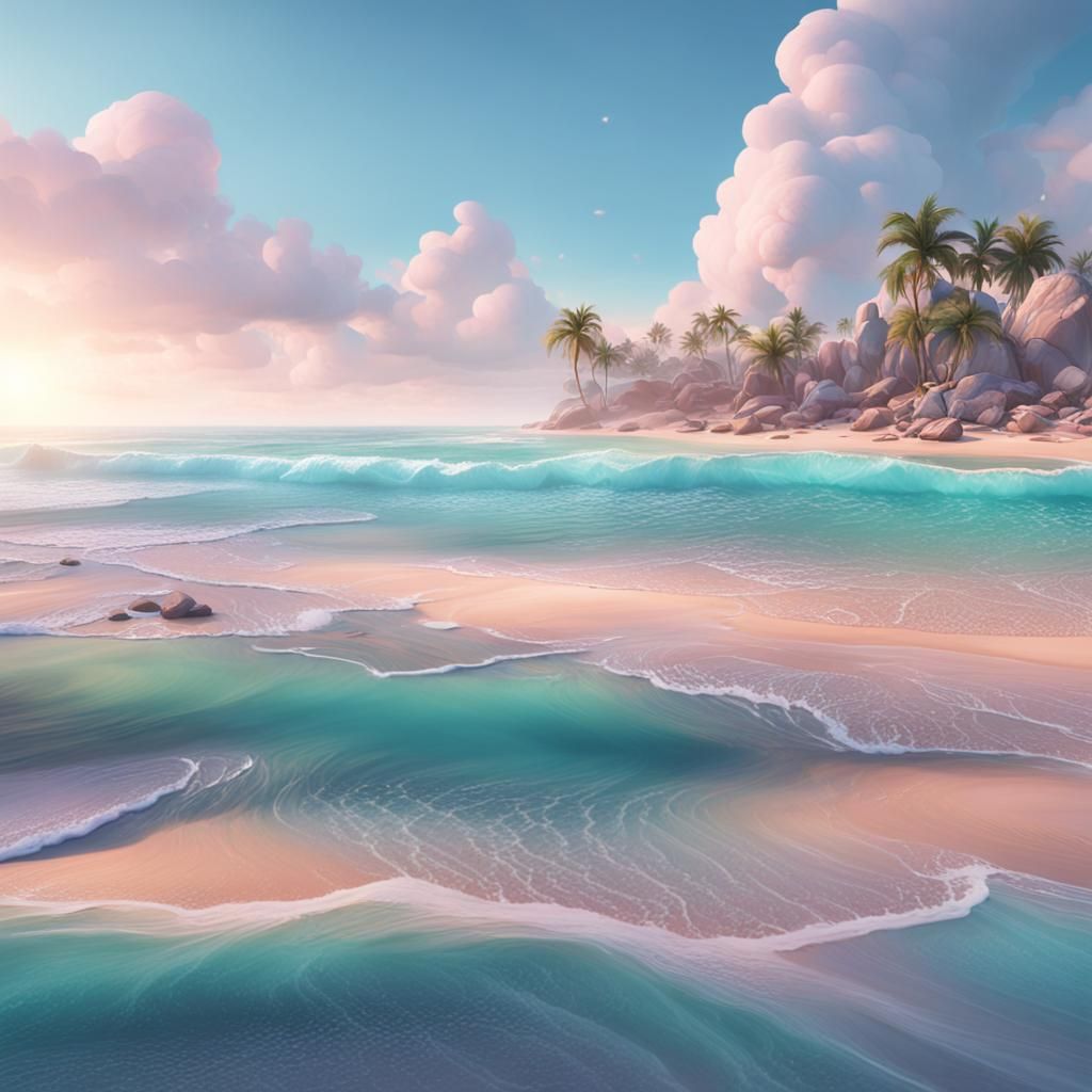 Pastel Ocean Beach in Detailed Matte Painting Style
