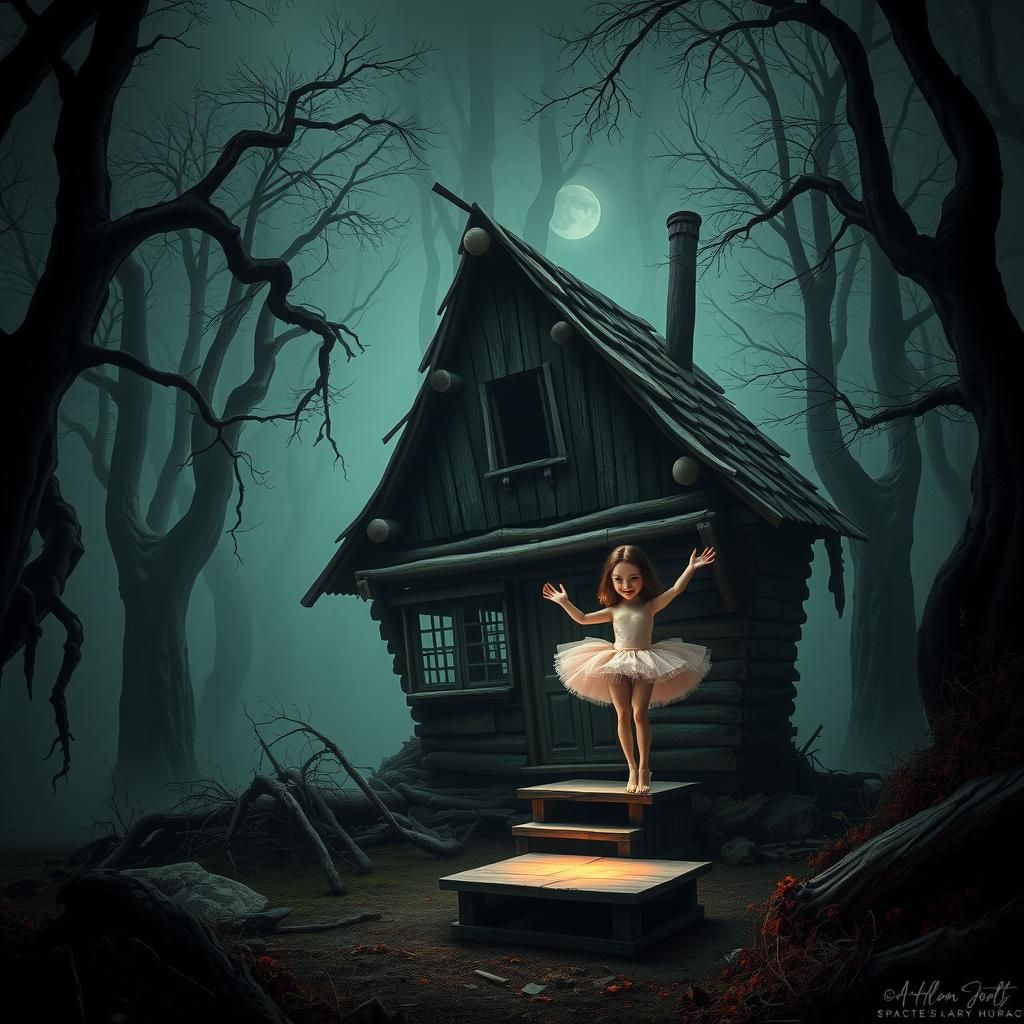 Baba Yaga's Hut in Eerie Forest with Ballerina