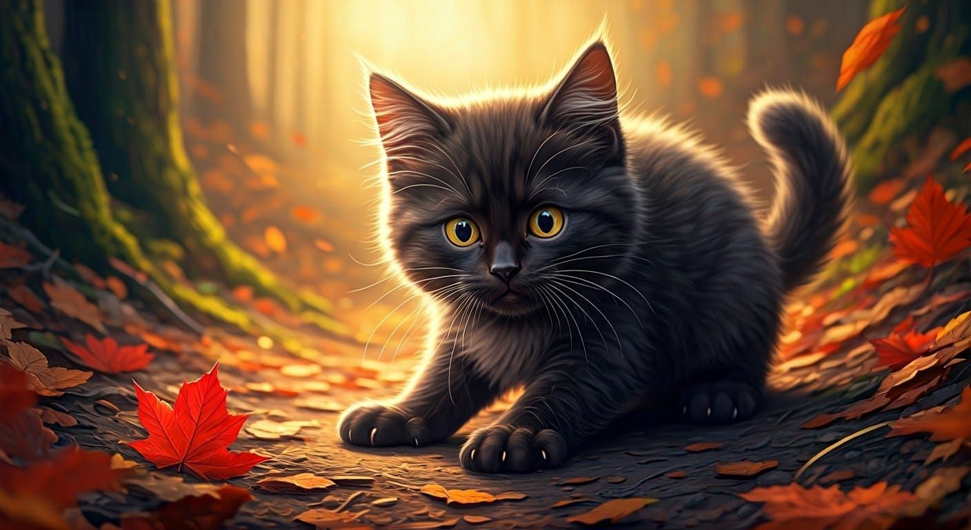 Fierce Fluffy Feline Prepares to Pounce in Vibrant Autumn La...
