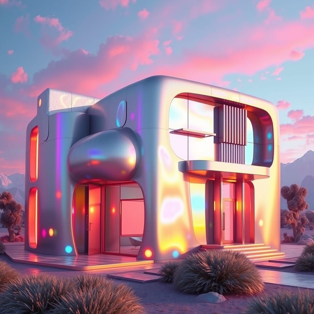 Abstract Iridescent Building with Metallic Accents