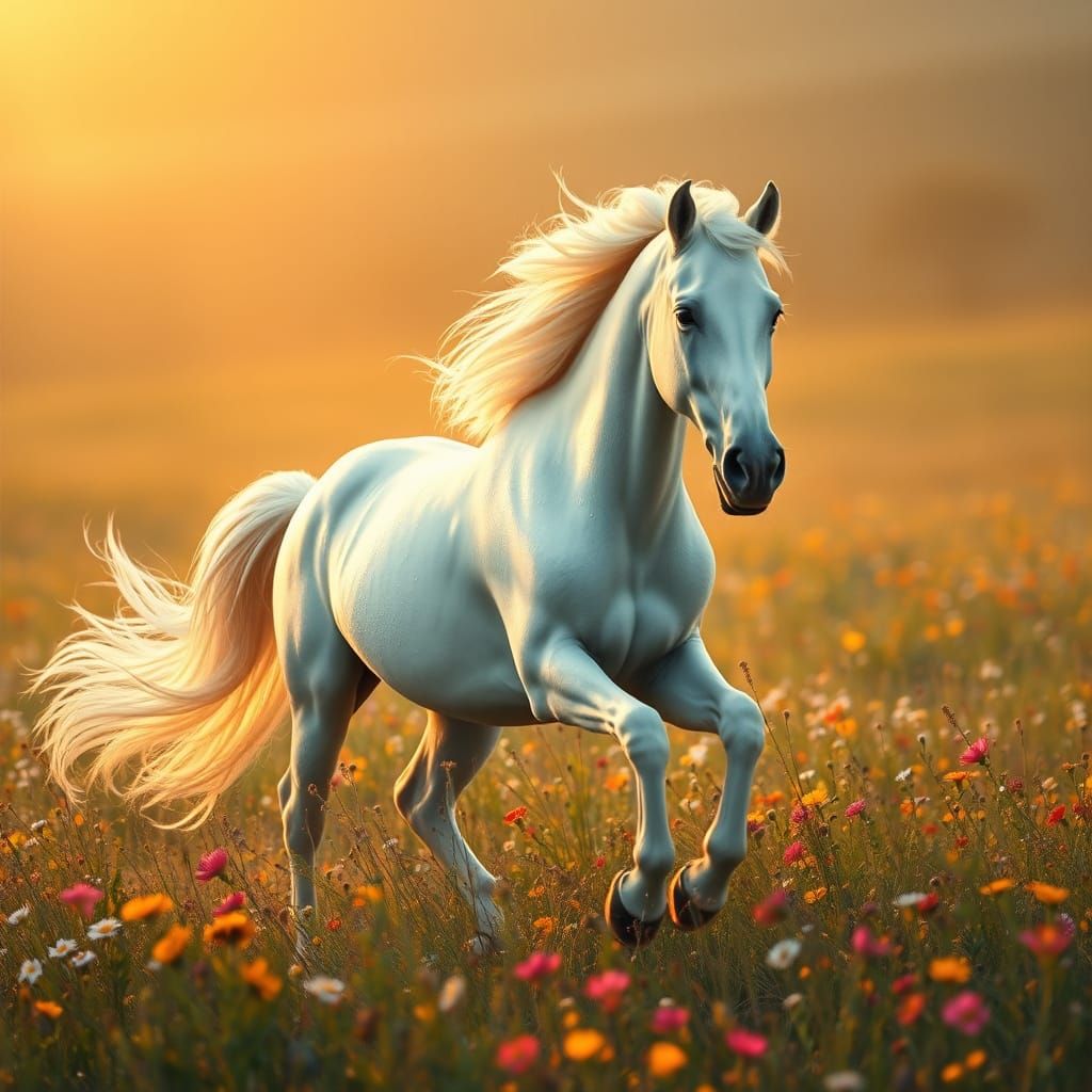 Majestic White Horse Galloping Through Wildflowers