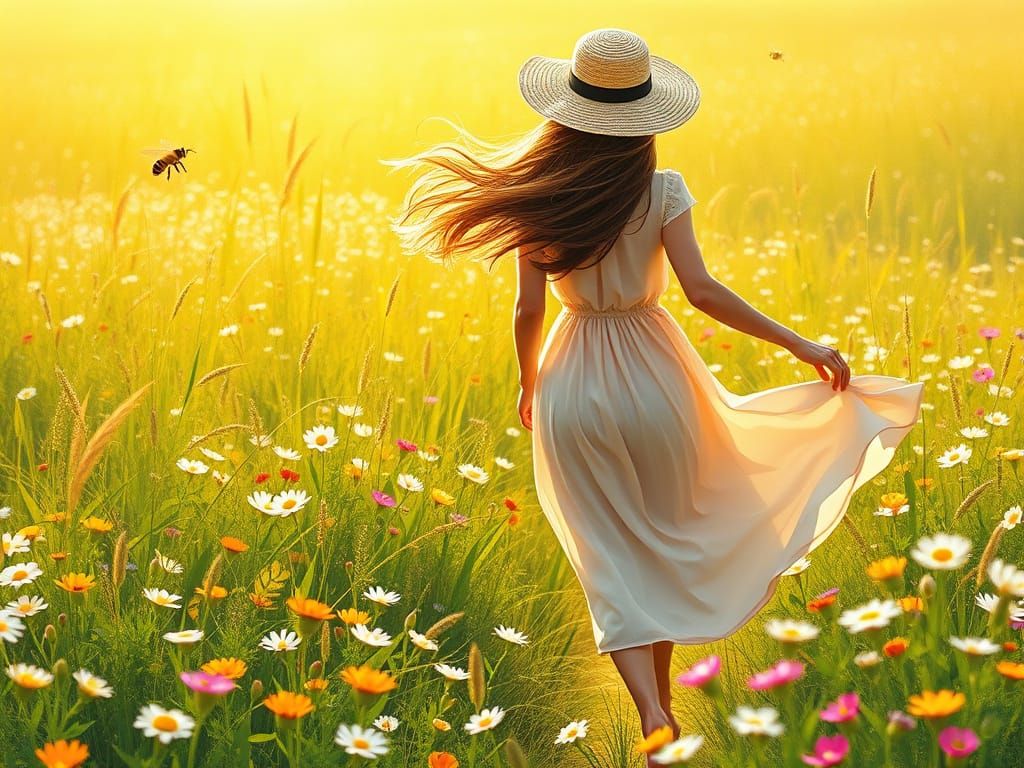 Woman Runs Through a Vibrant Wildflower Meadow in Soft Paste...