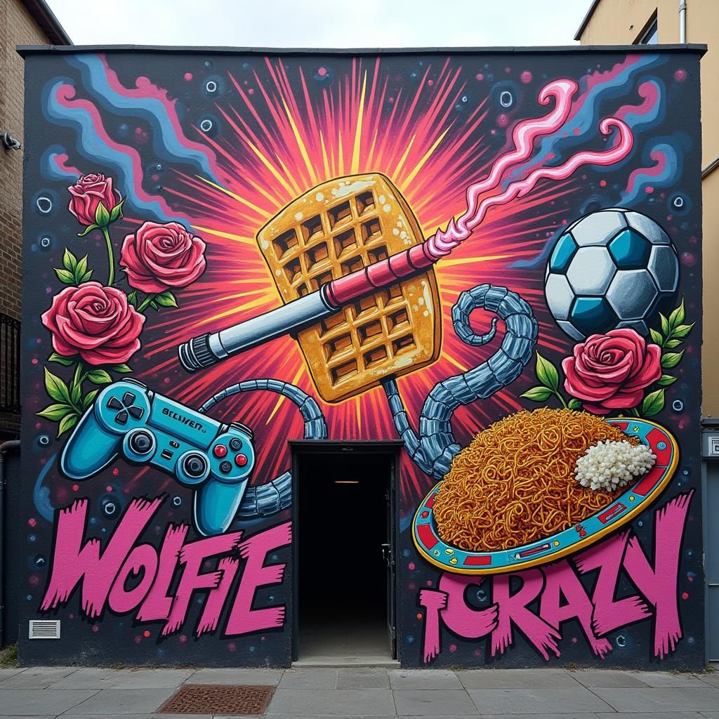 Punk Graffiti Mural of Waffle, Roses, and Biryani