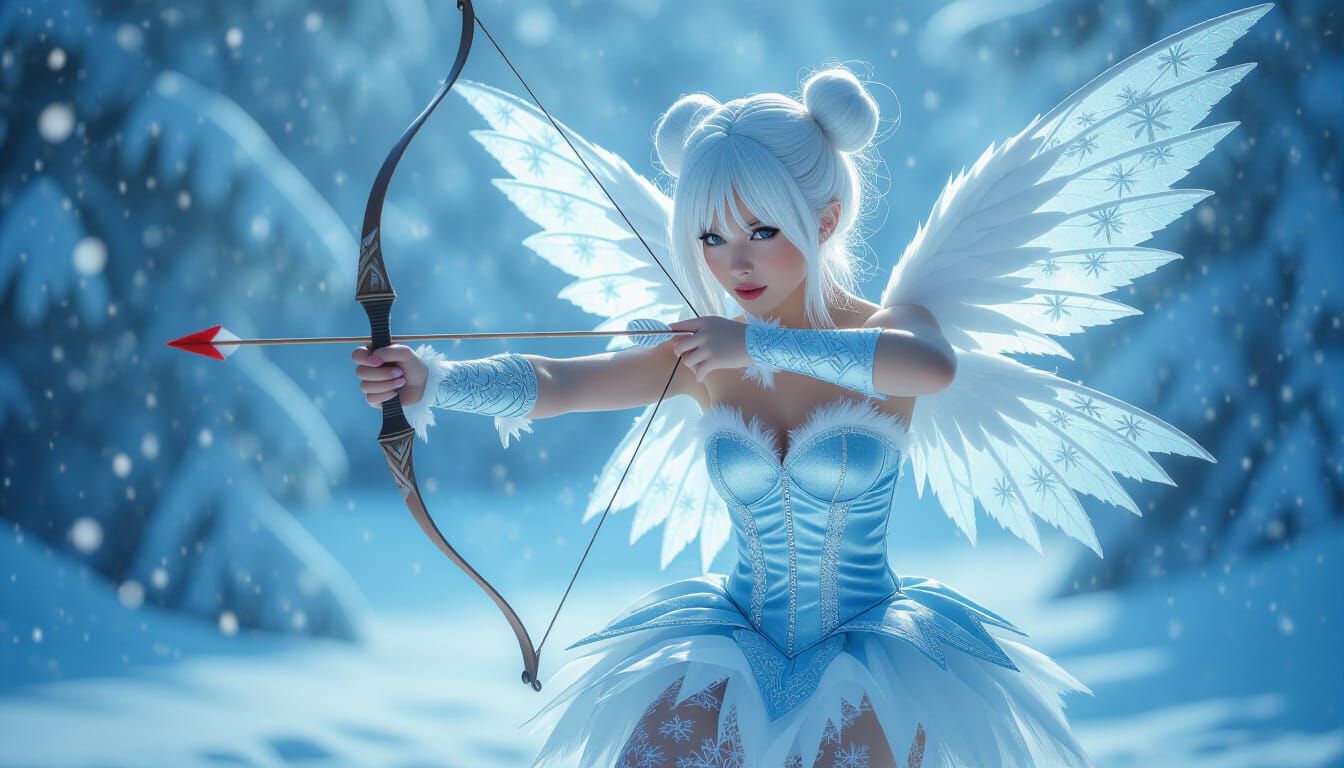 Winter Cupid Shooting Frosty Arrow in Snowy Landscape