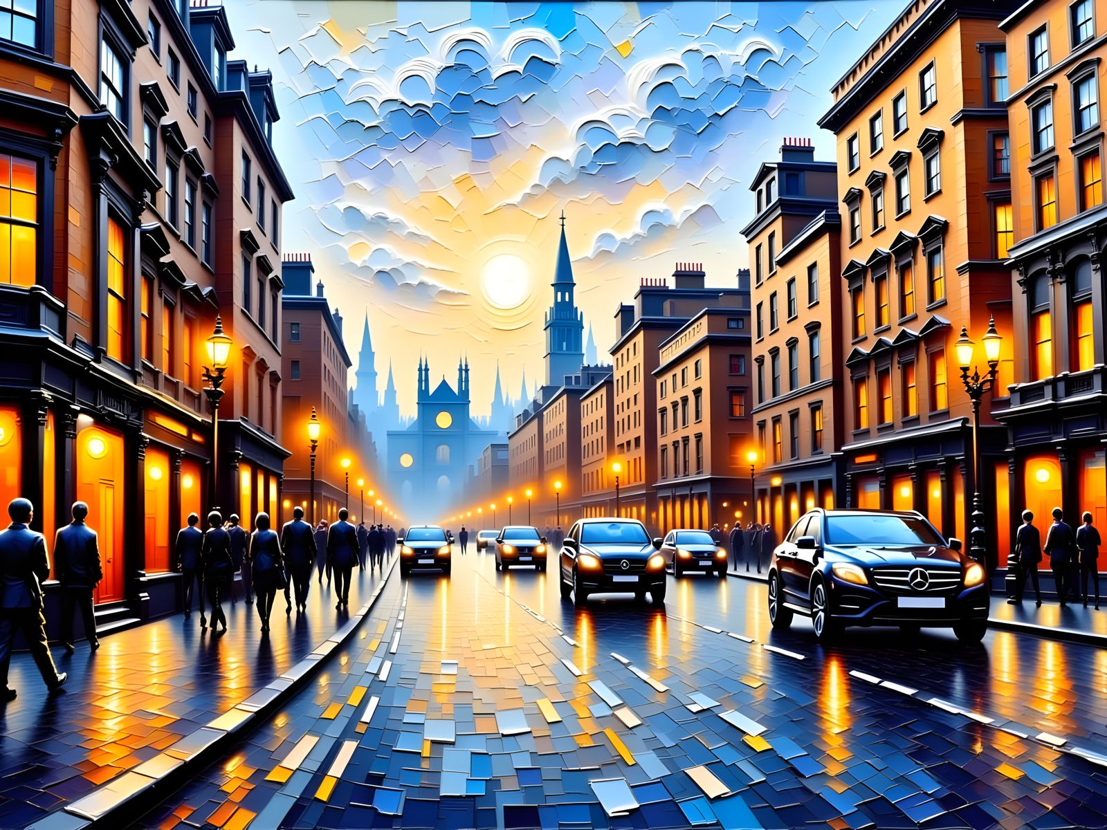 London City Street in Vibrant Palette Knife Style