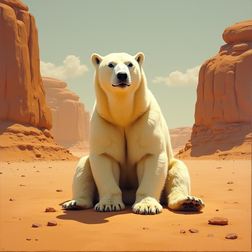 Polar Bear in Desert Landscape: Impressionist Oil Painting