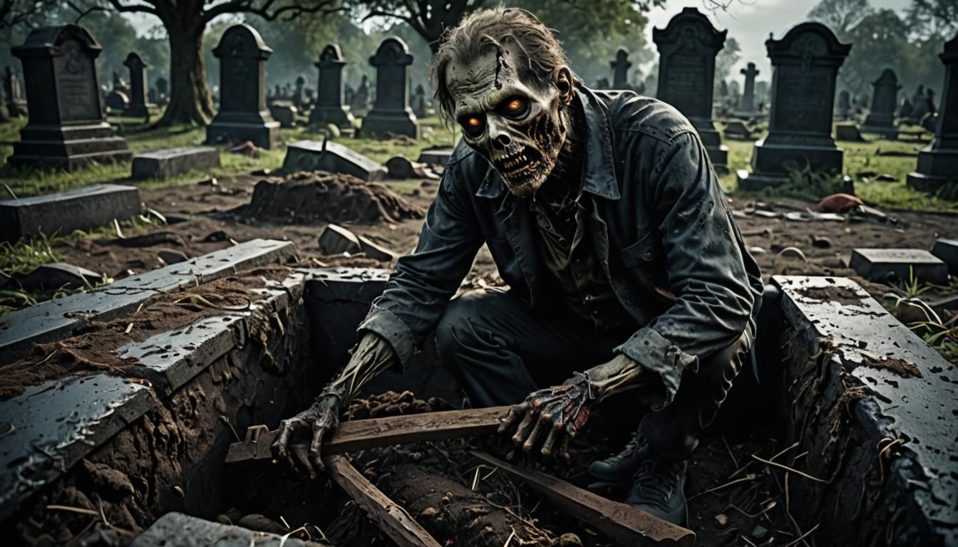 Rotting Zombie Emerges from Grave in Dark Cemetery