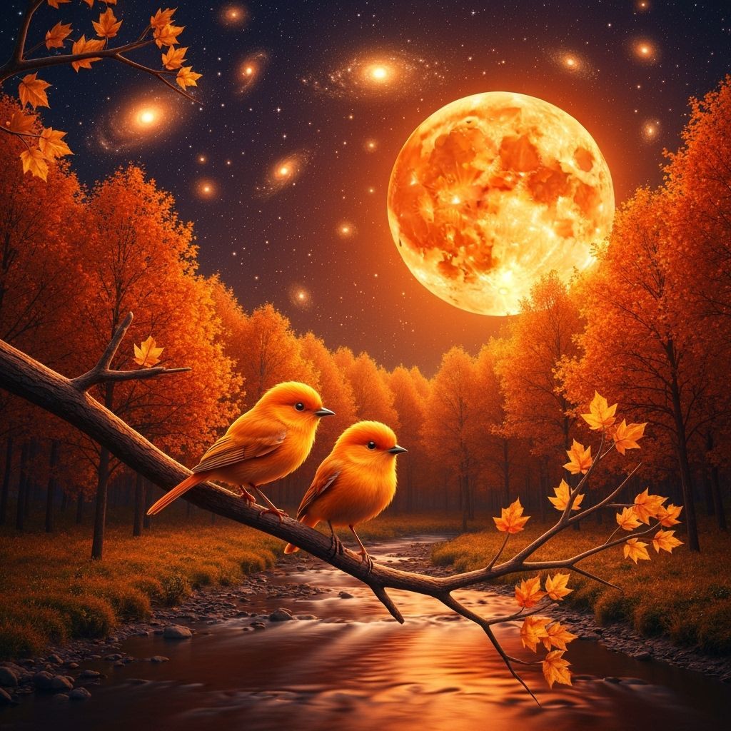 Flame Orange Bird in Mystical Autumn Night
