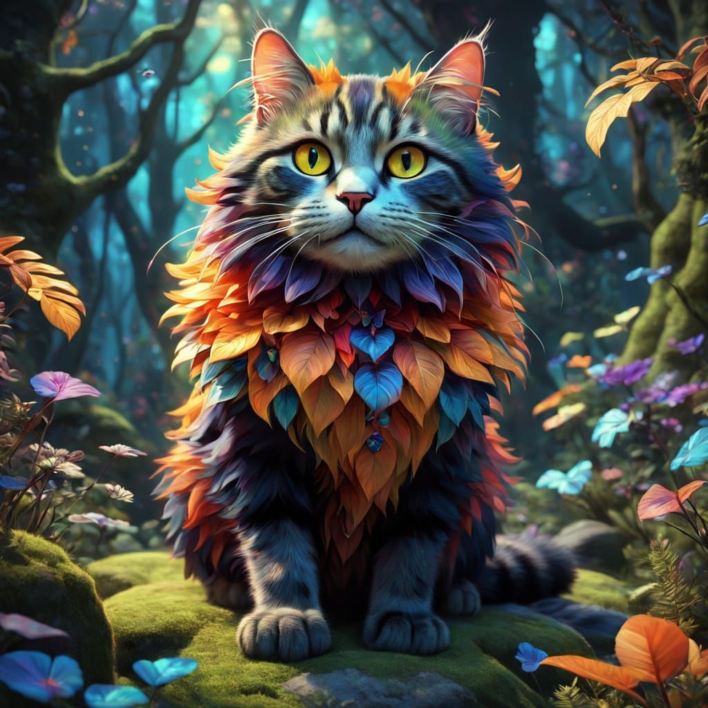 Vibrant Woodland Cat in Hyper-Detailed Pop Art Style