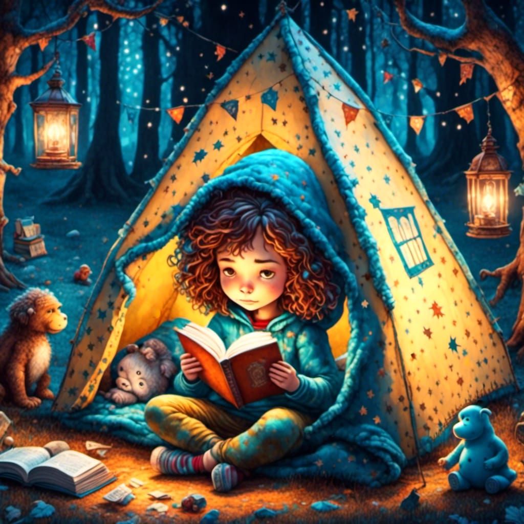 Girl and Monster Reading in Blanket Fort