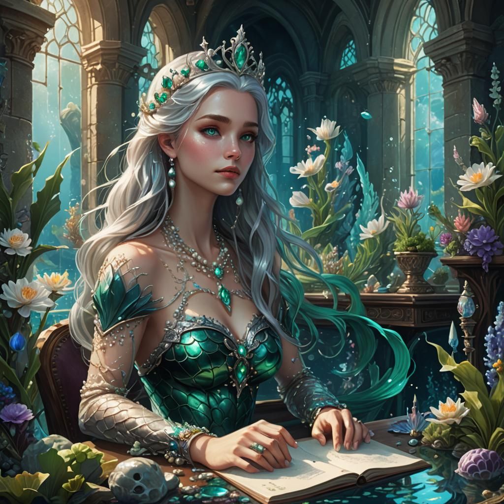Underwater Mermaid Queen in Bioluminescent Castle