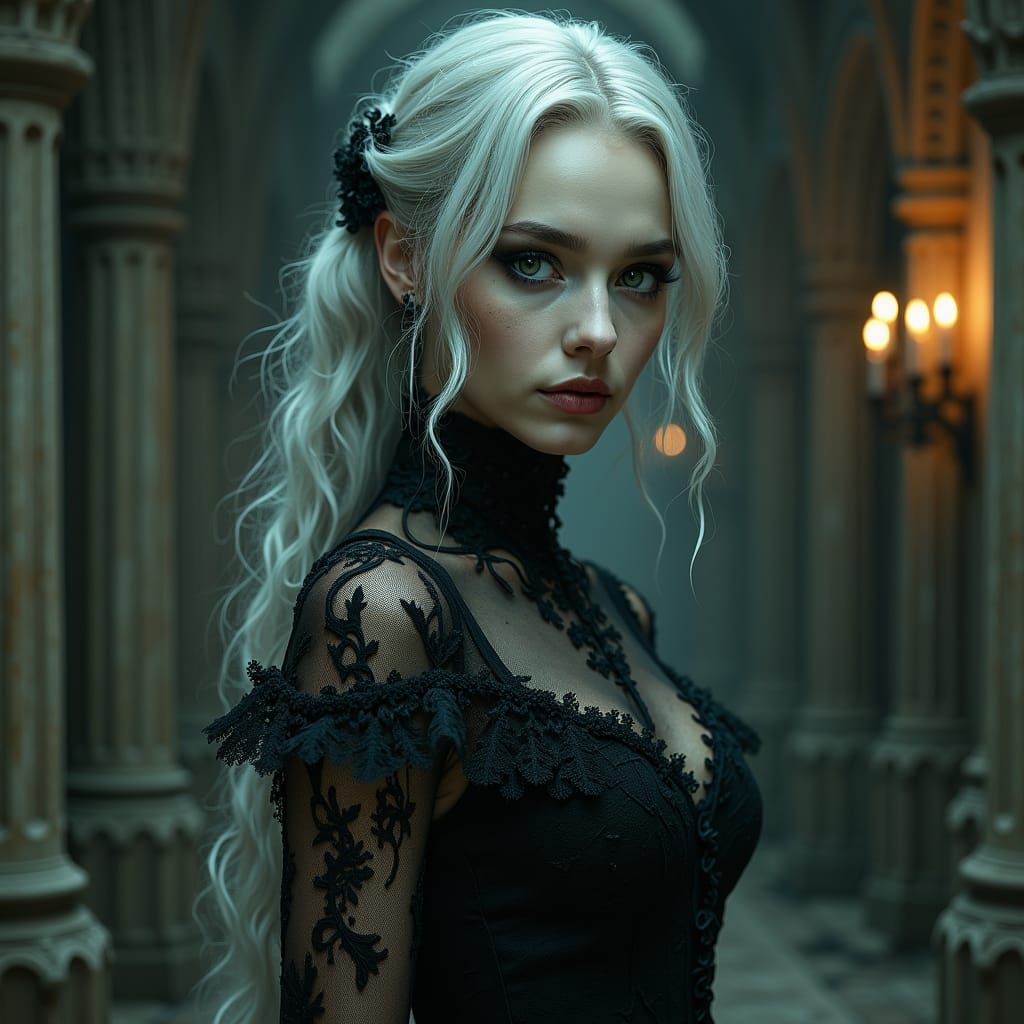 Gothic Silver-Haired Woman in Eerie Setting