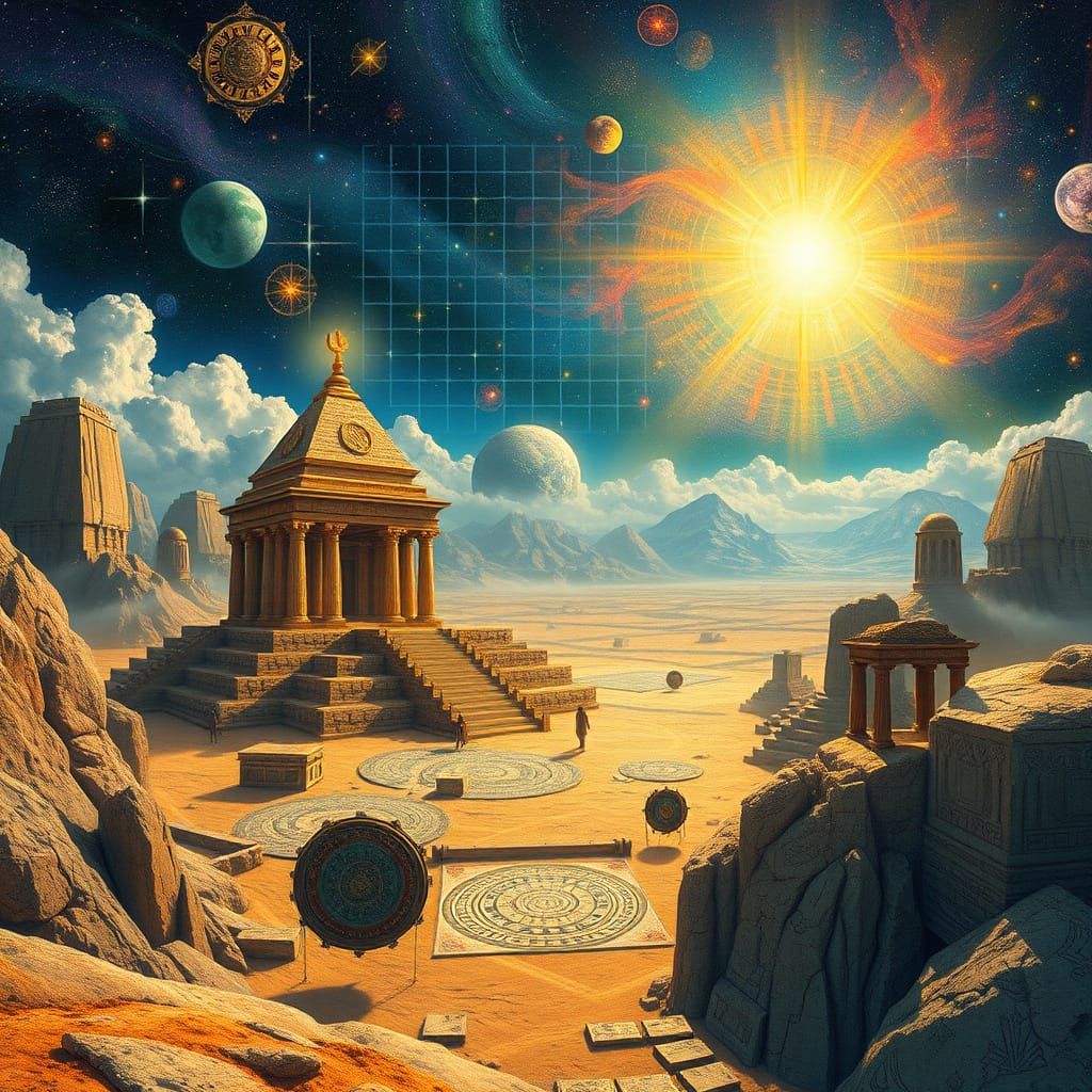 Astral Temple of Ancient Glyphs in Cosmic Vortex