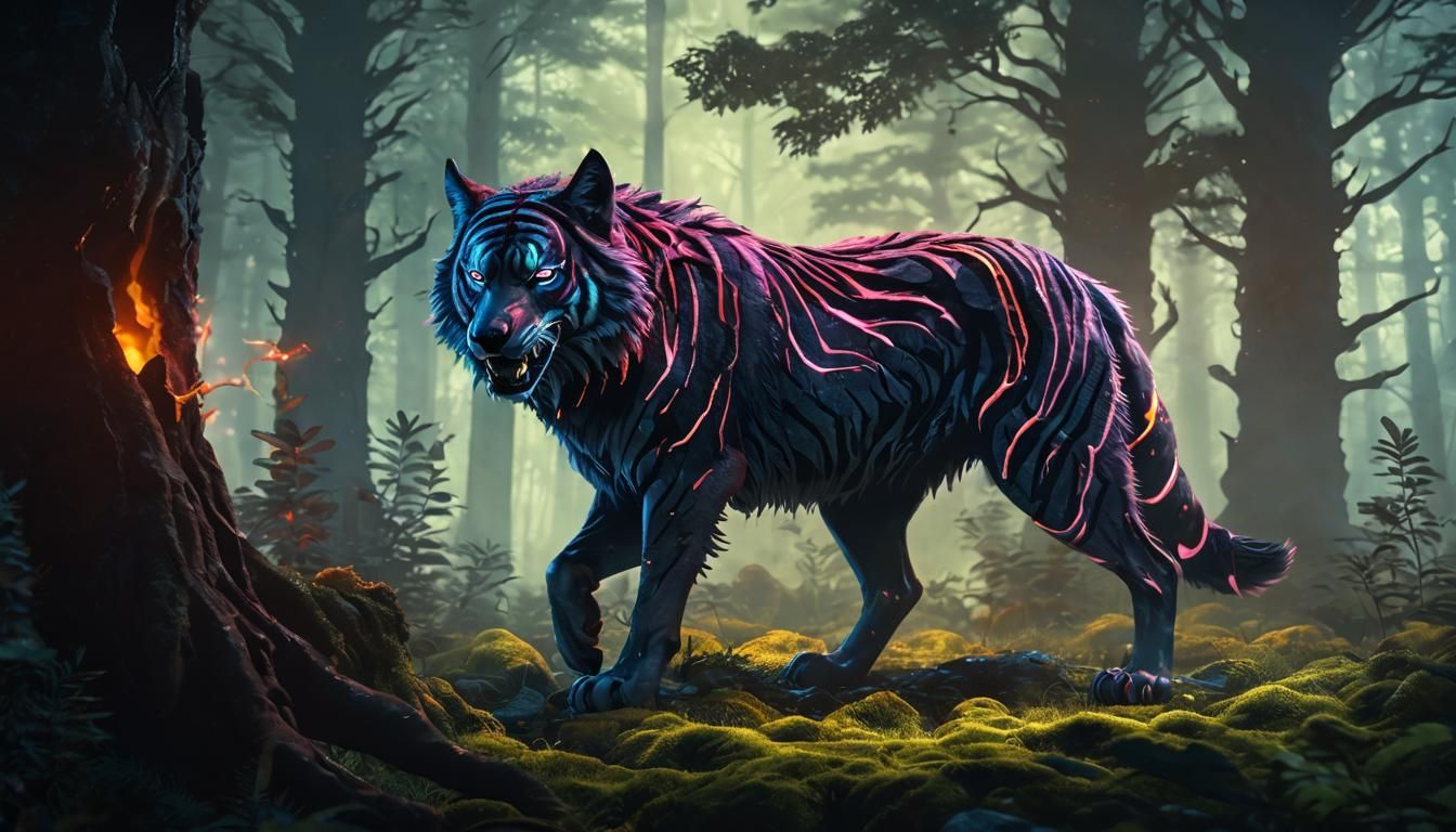 Demonic Tiger-Wolf in Dark Fantasy Forest