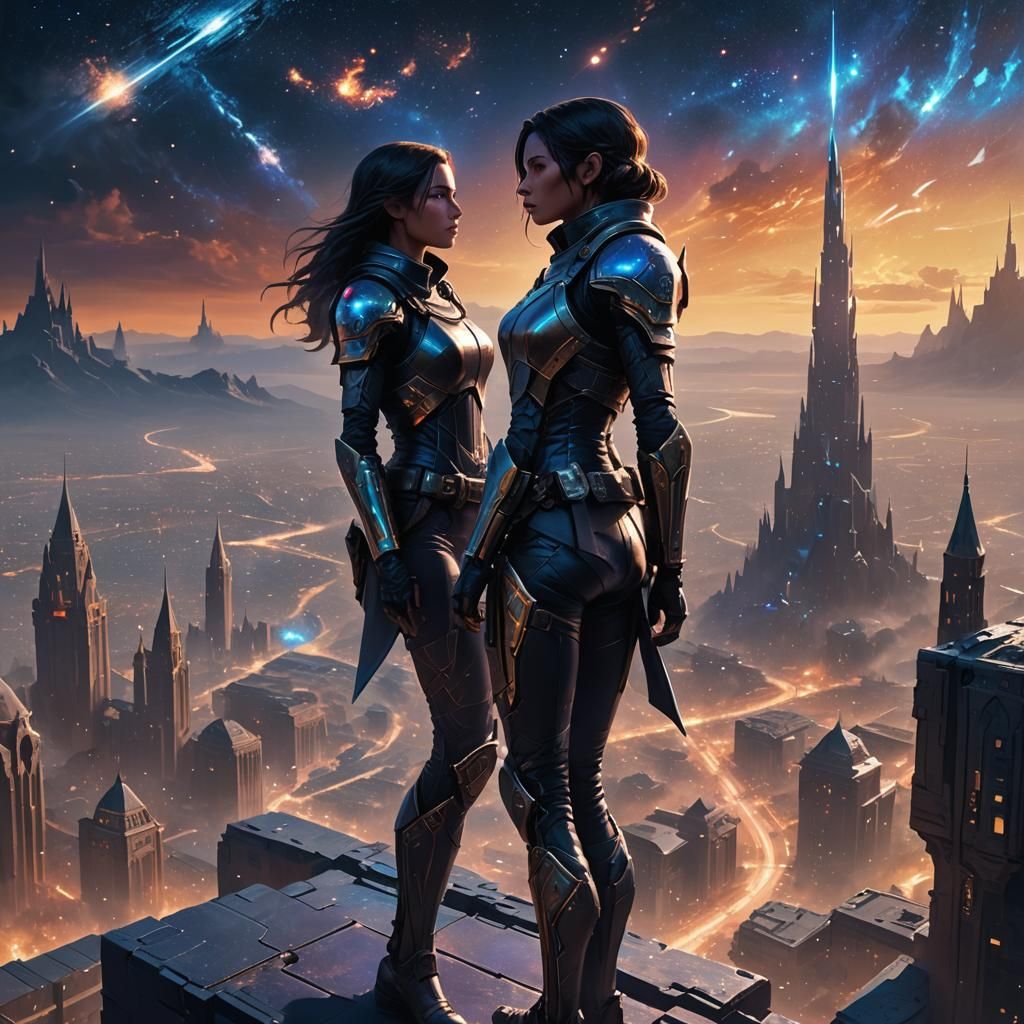 Galactic Assassin in Luminescent Cityscape