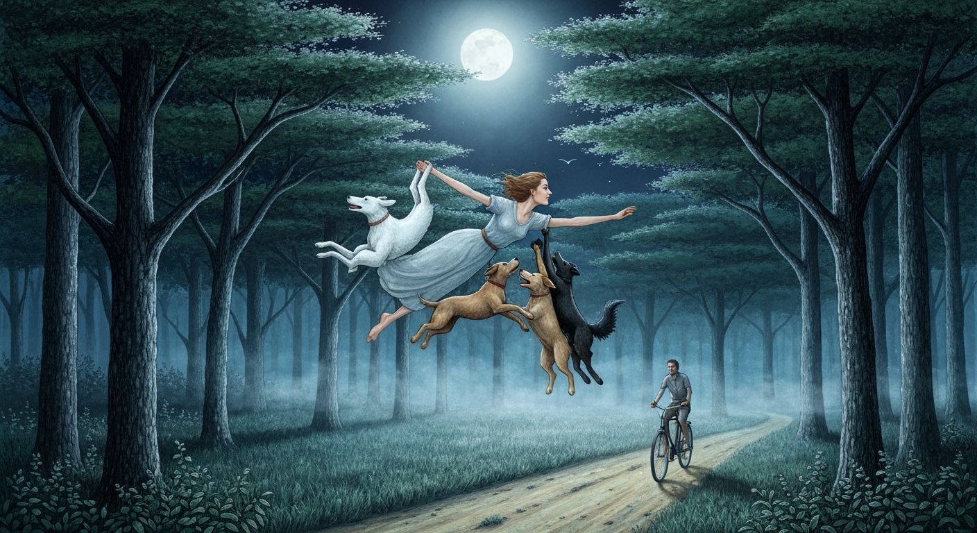 Woman Flies Through Forest Carried by Dogs Under Moonlight