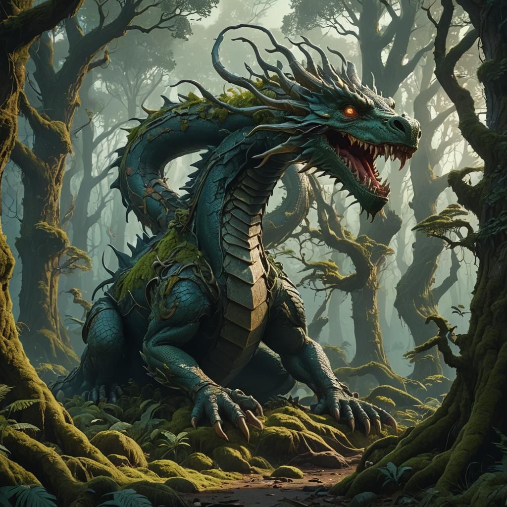 Regal Dragon in Mystical Forest: Fantasy Concept Art