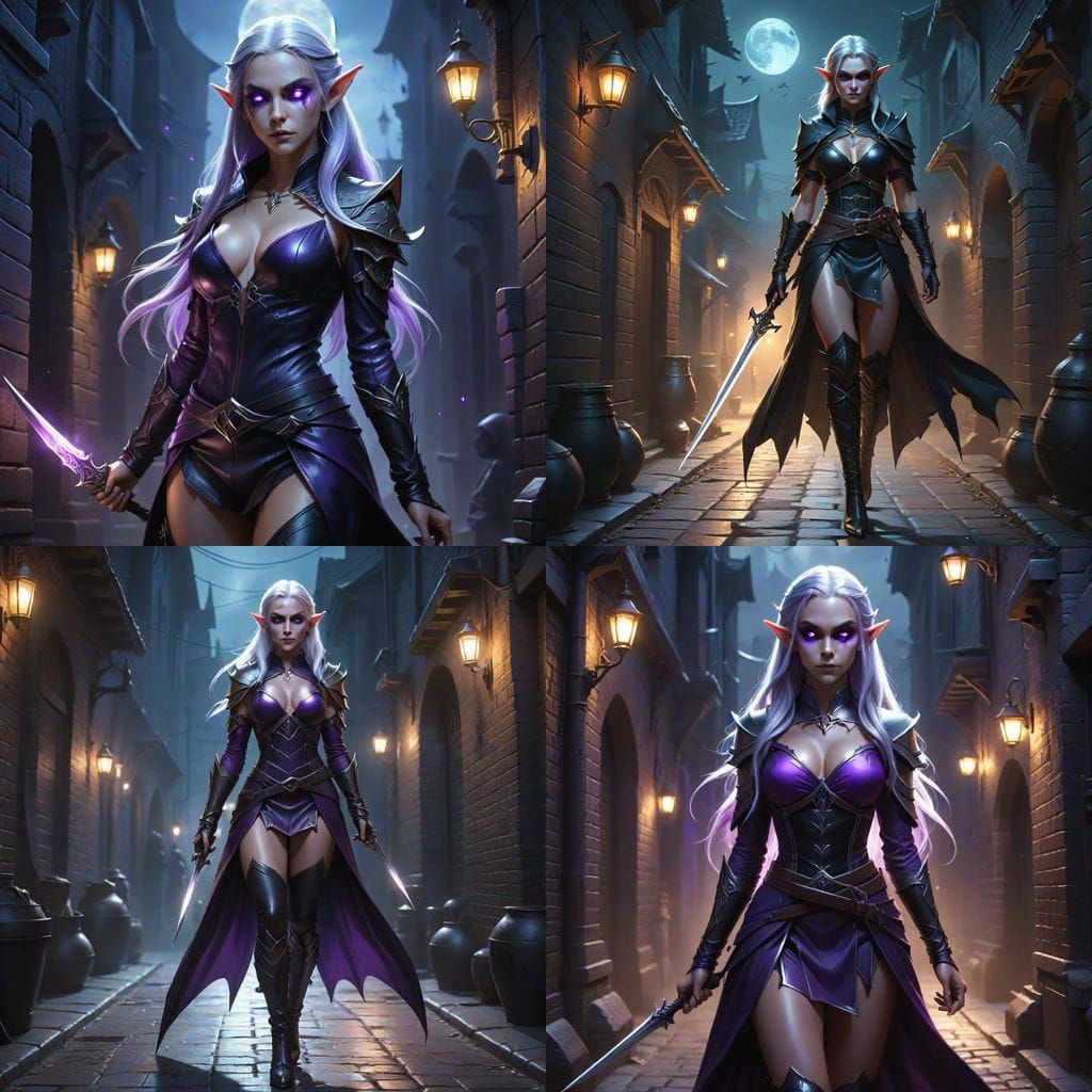 Elegant Female Elf Shadow Assassin in Dark Alley