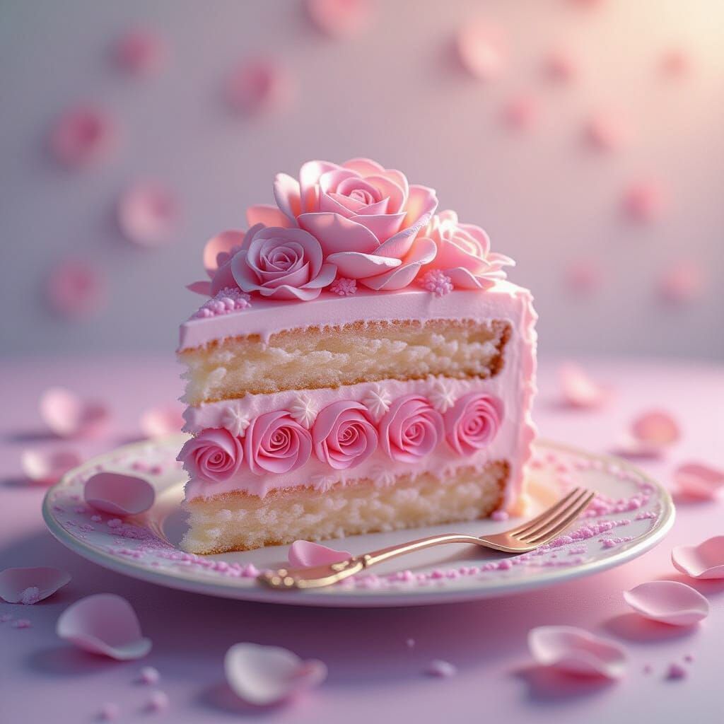 Rose Petal Cake Slice in Detailed Matte Painting Style