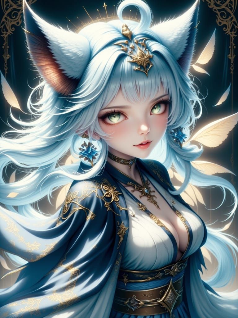 Cheerful Anime Kitsune winged fairy. Dark Sapphire blue, whi...