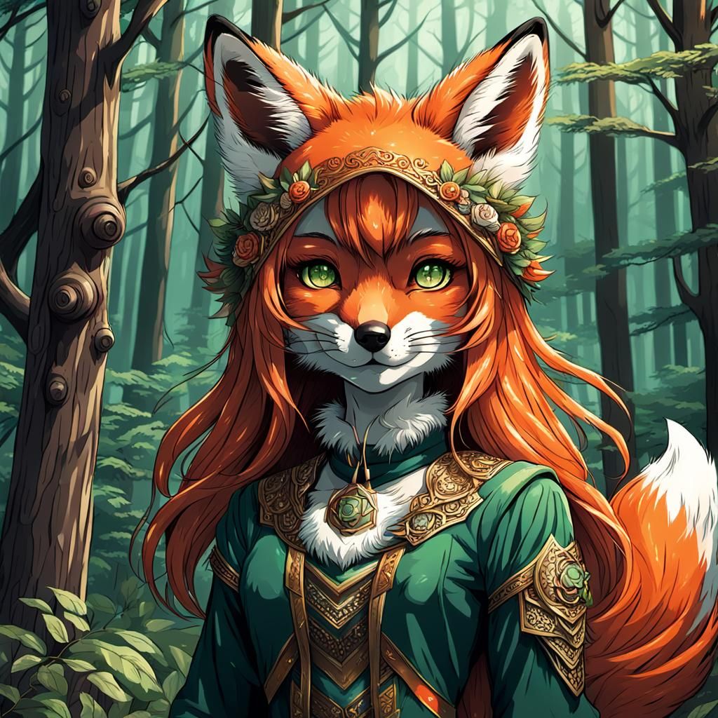 Anime Fox Woman in Forest Illustration