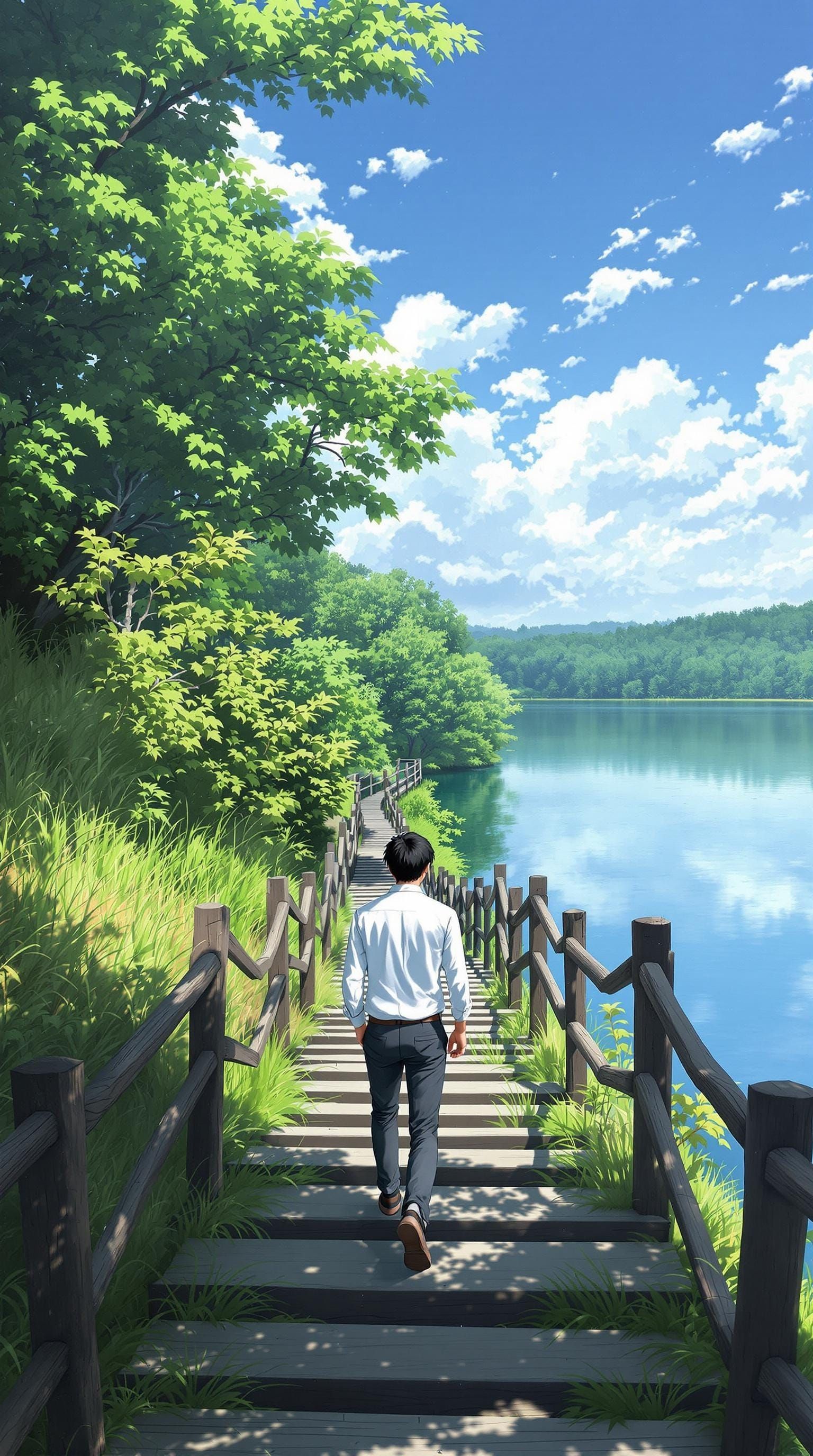 Anime Style Staircase Descent to Lakeside Serenity