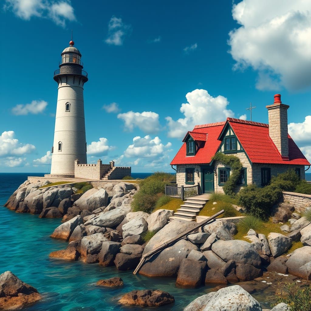 Charming Cottage Beside Majestic Lighthouse on Rocky Seaside