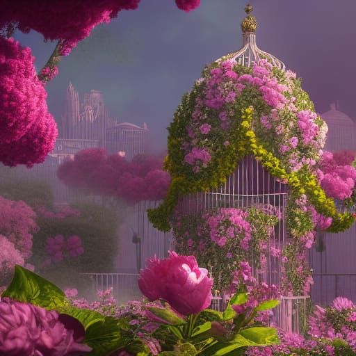 Fantastical Birdcage Flowers: Detailed Digital Art
