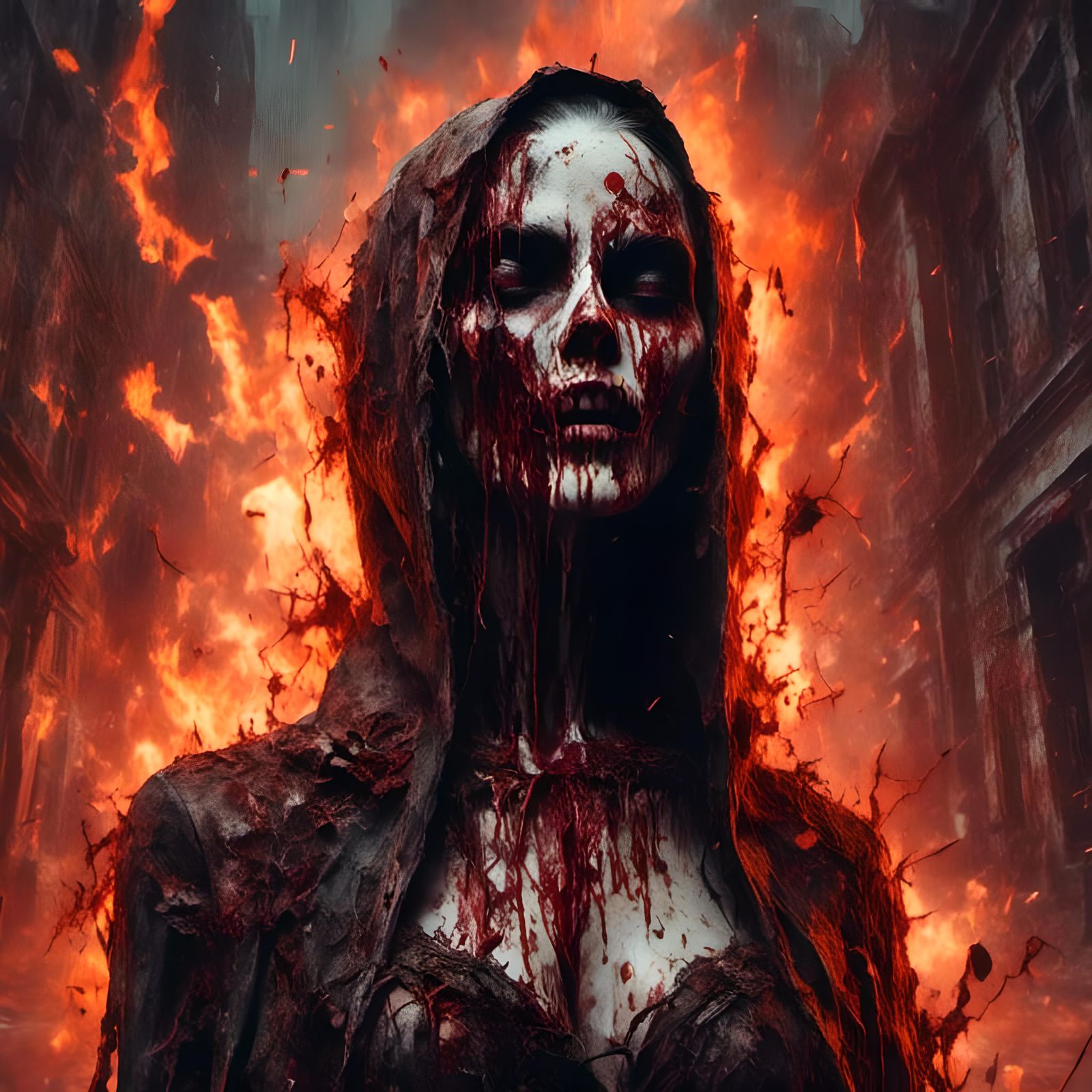 Bloody Vampire Nun in Burning Building, Hyperrealistic Art