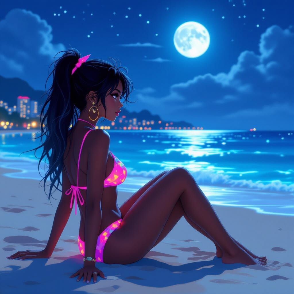 Gyaru Girl Gazing at Bioluminescent Sea, Dreamy Digital Art