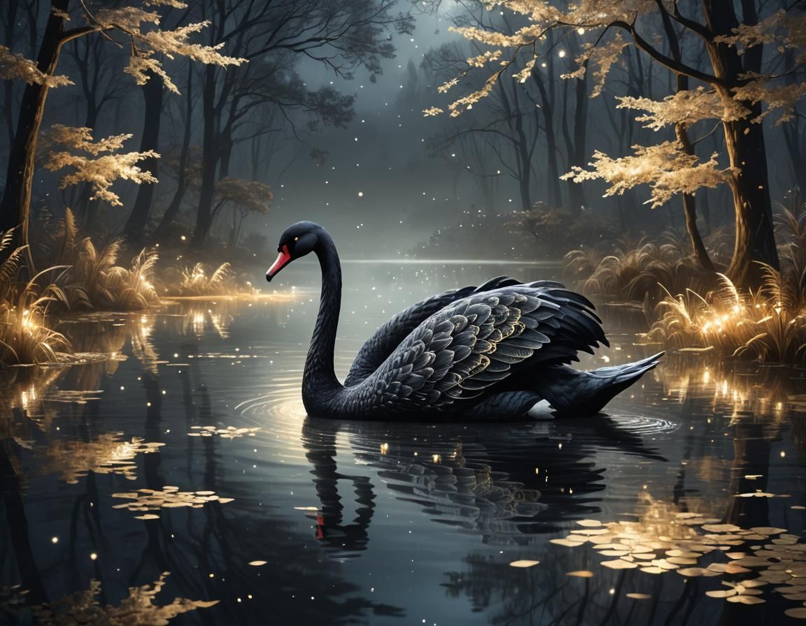 Ethereal Black Swan Over Enchanted Lake