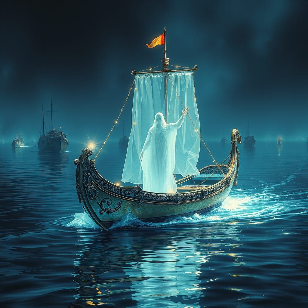 Ornate Ghost Ship Surrounded by Shimmering Lights