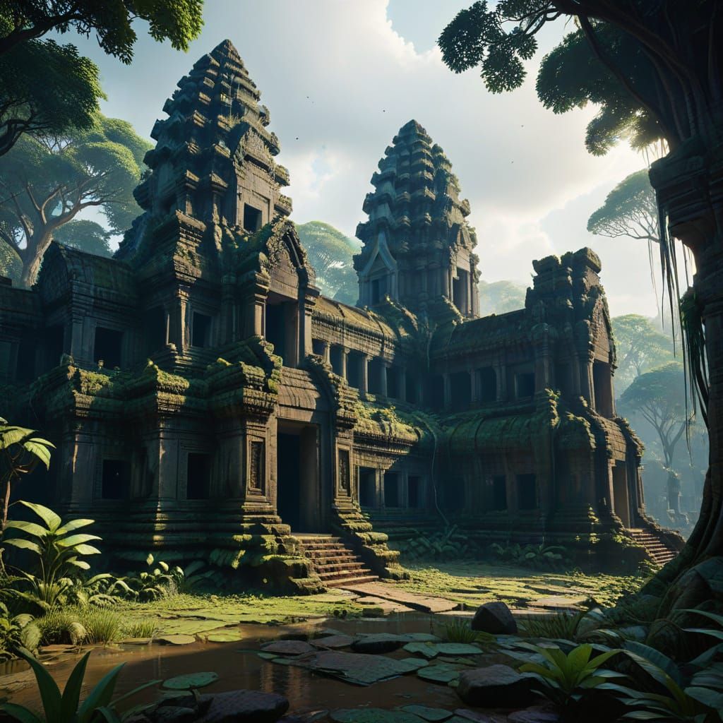 Angkor Wat Temples Overgrown by Lush Jungle Fantasy Art