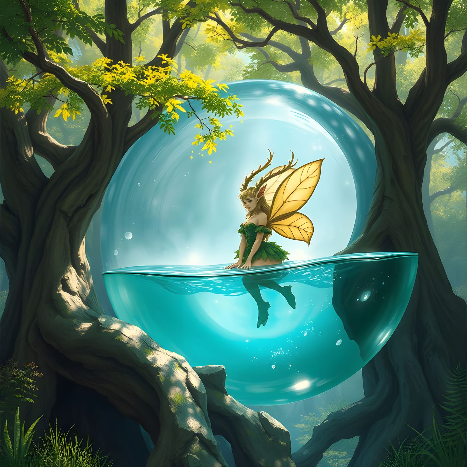 Enchanting Elf Living Inside a Raindrop in Forest