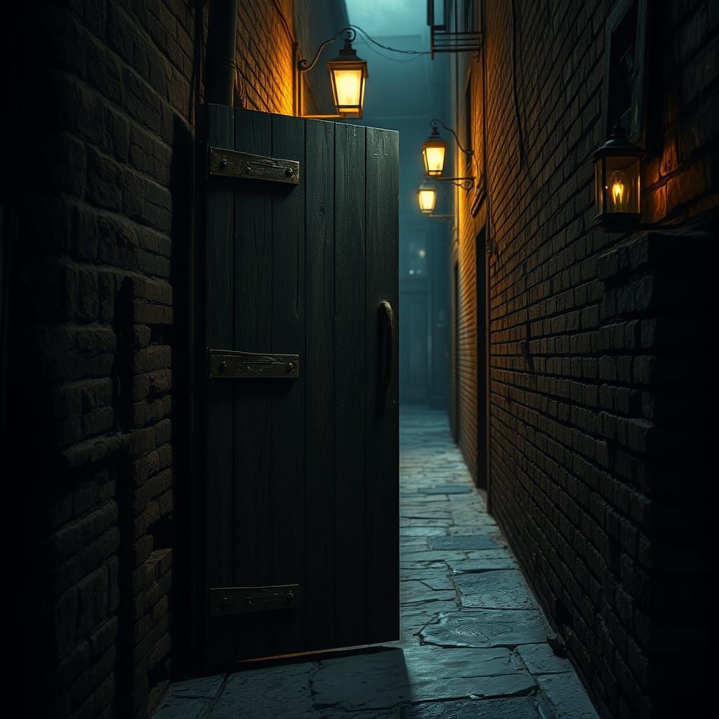 Eerie Wooden Back Door in a Dimly Lit Alleyway