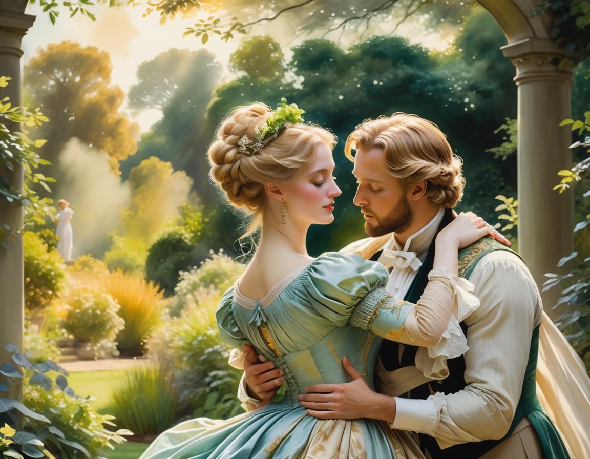 Romantic Regency Couple Dancing in English Garden