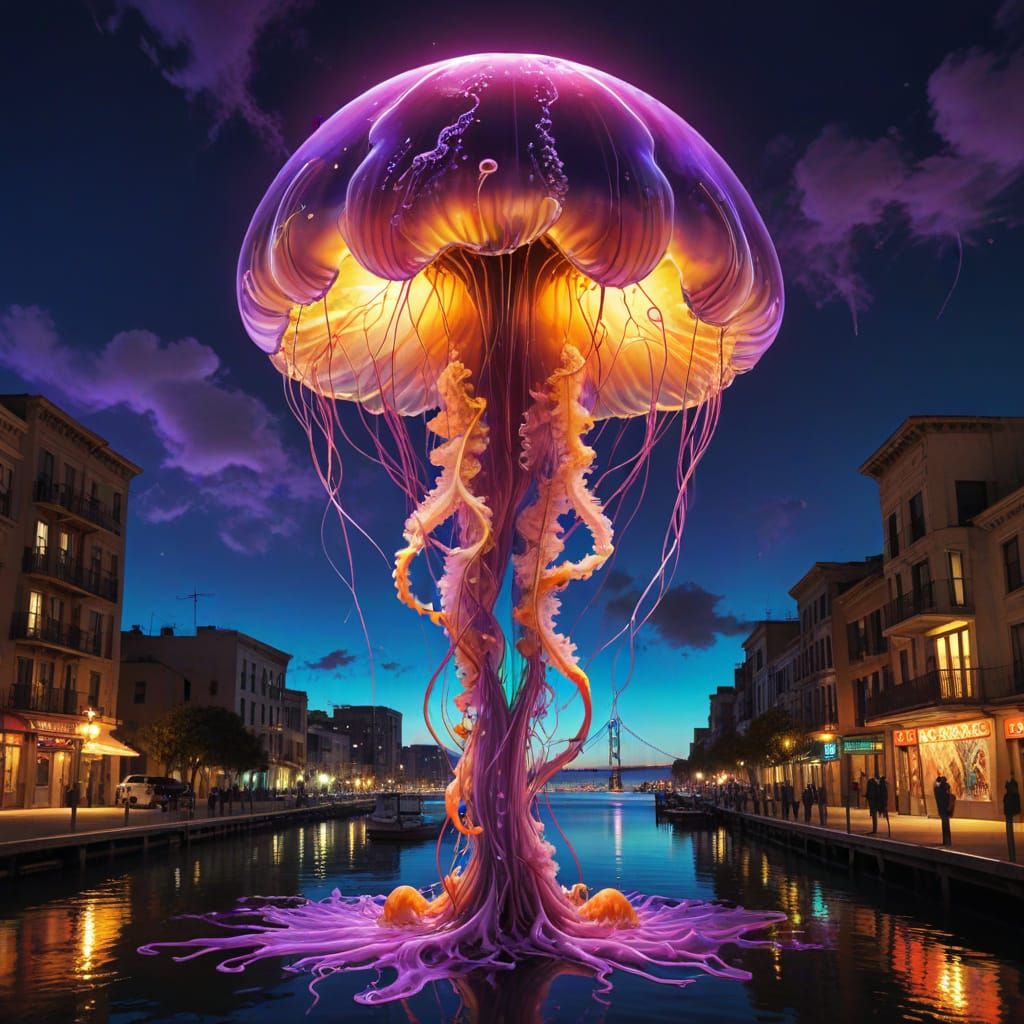 Giant Jellyfish Floats Over San Francisco, Surreal Digital A...