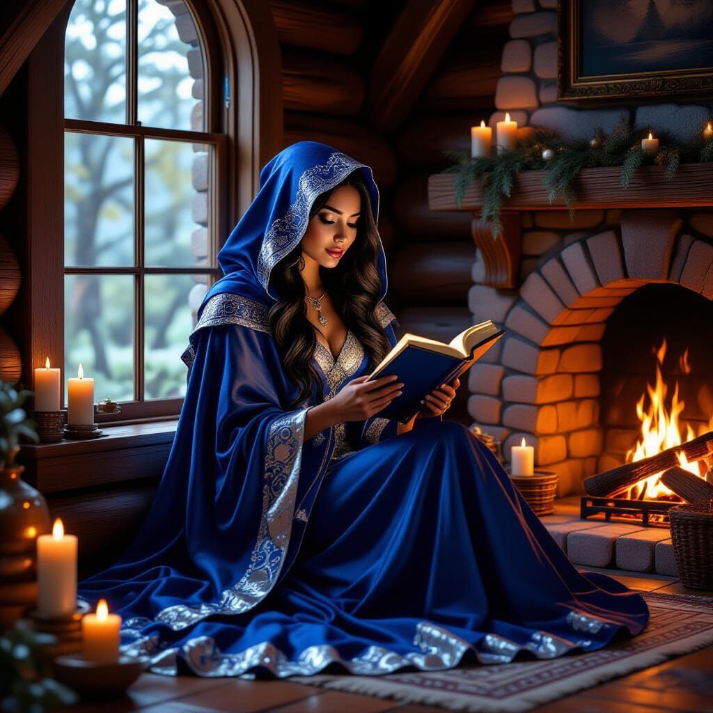Mystical Woman Reading Akashic Records in Cottage