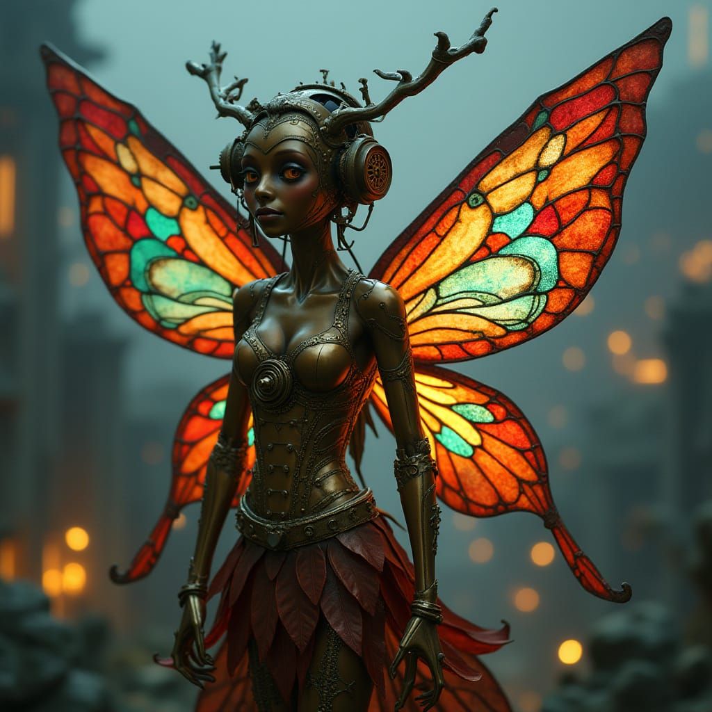 Steampunk Fairy with Clockwork Gears and Stained Glass Wings