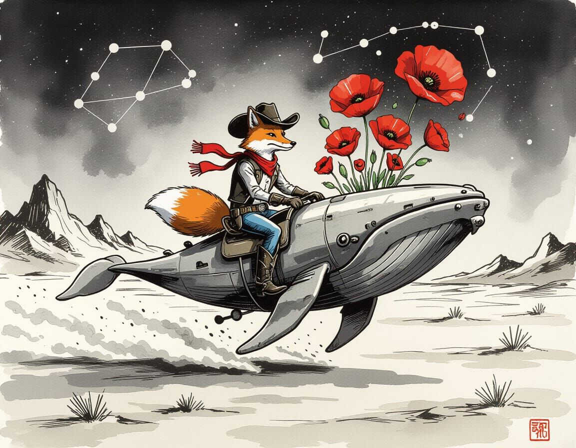 Sentient Fox Cowboy Rides Mechanical Whale in Surreal Desert