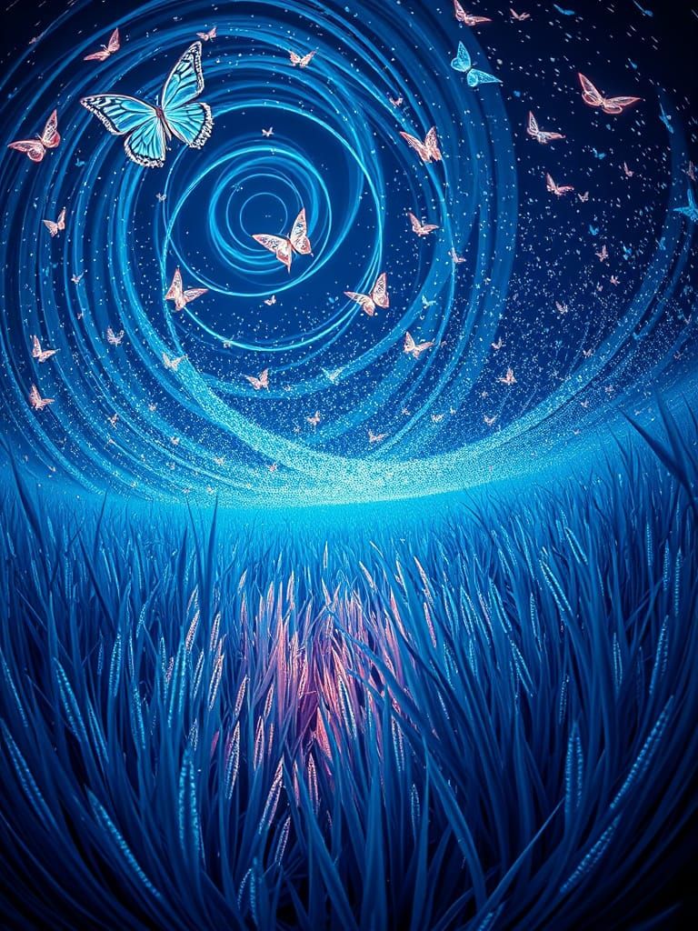 Bioluminescent Grass and Crystal Butterflies in Azure Sky