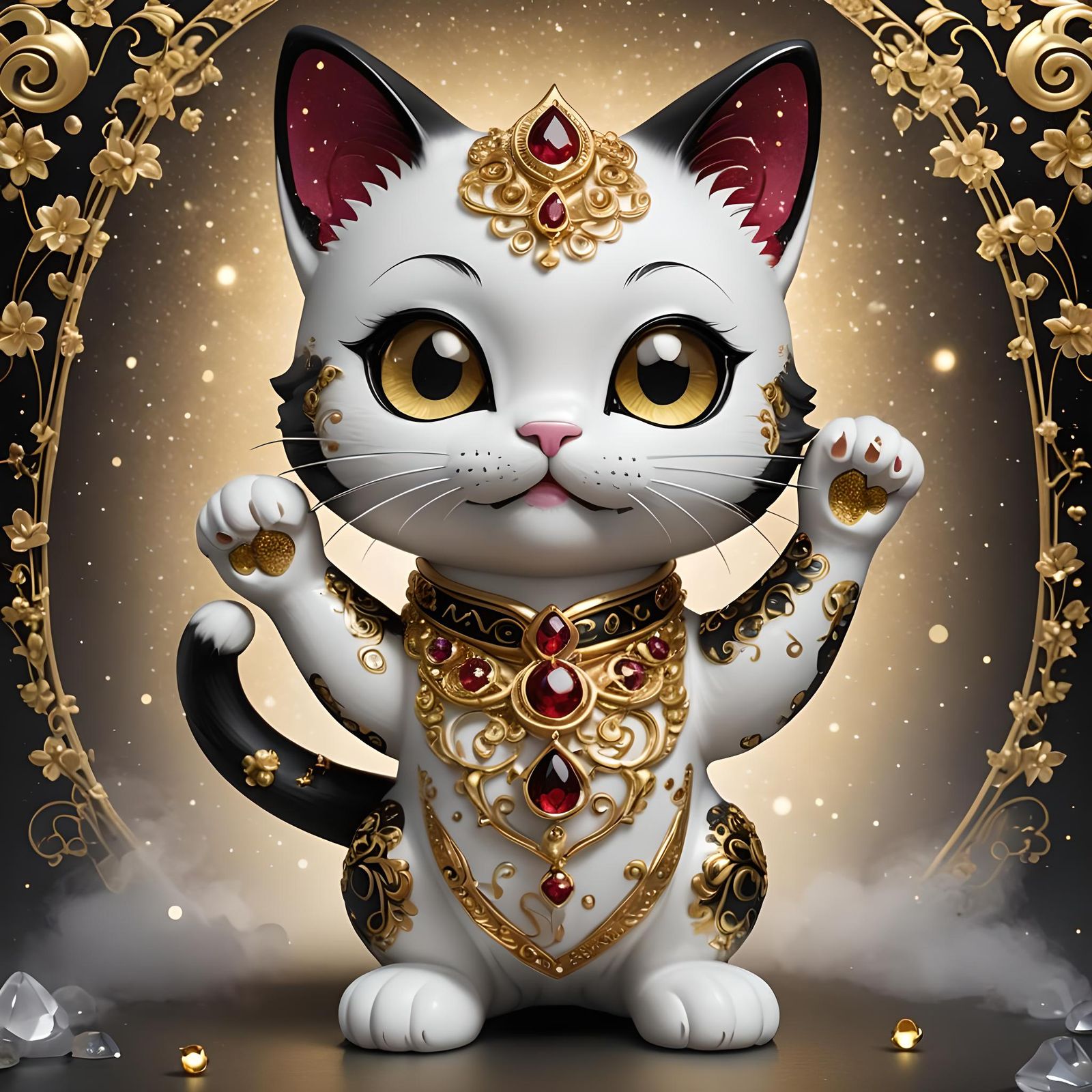 Lucky Beckoning Cat with Gold Jewelry in Fantasy Style