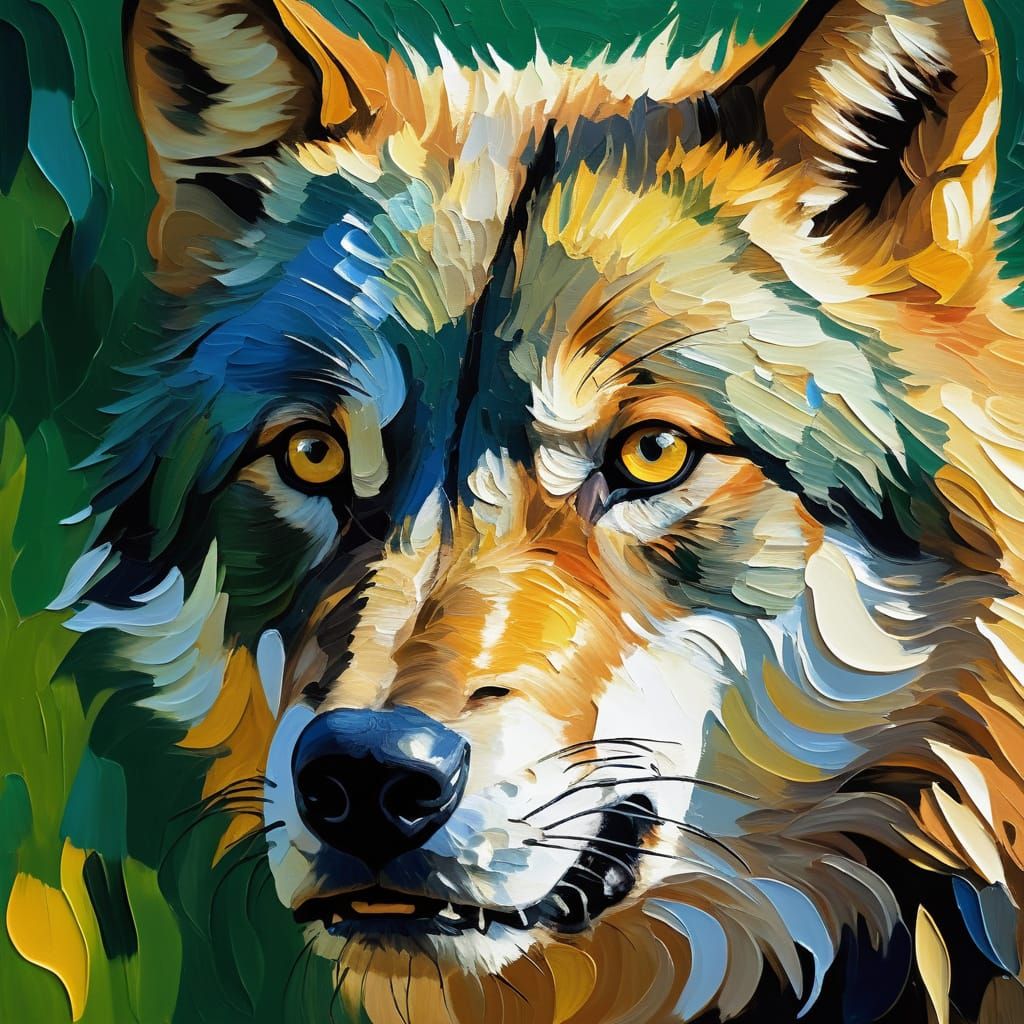 Wild Wolf's Emotive Gaze in Neo-Impressionist Oil Painting