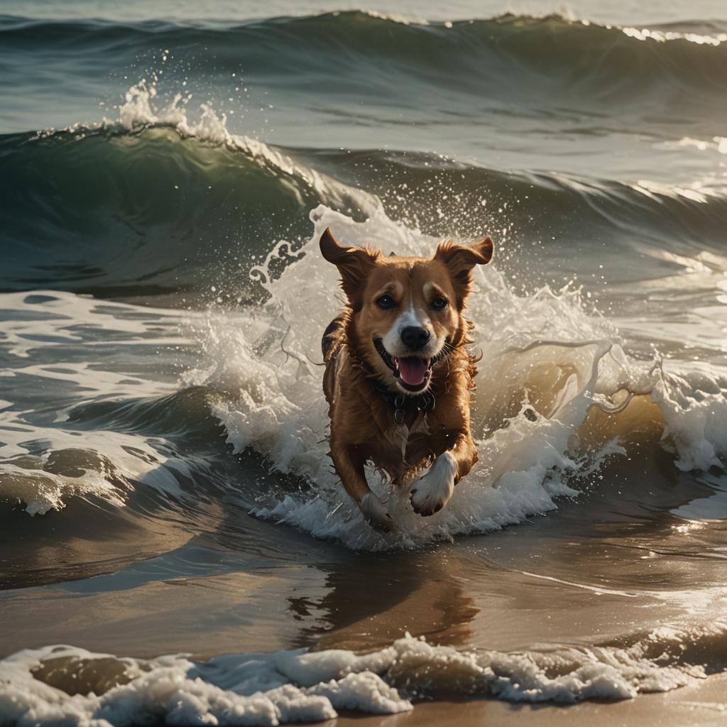 Dog Running From Wave: Cinematic Film Still