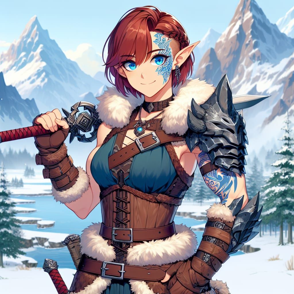 Anime-Style Half-Elf Barbarian in Winter Landscape