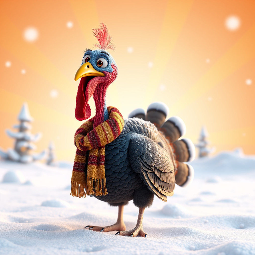 Shivering Turkey in Snowy Landscape: 3D Digital Art