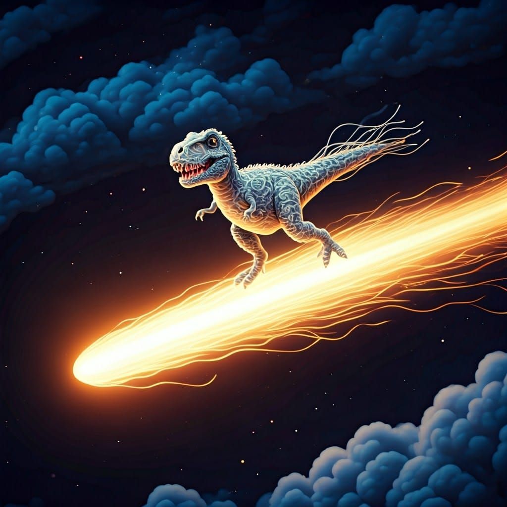 Kawaii T-Rex Dinosaur Surfer in Cosmic Glow