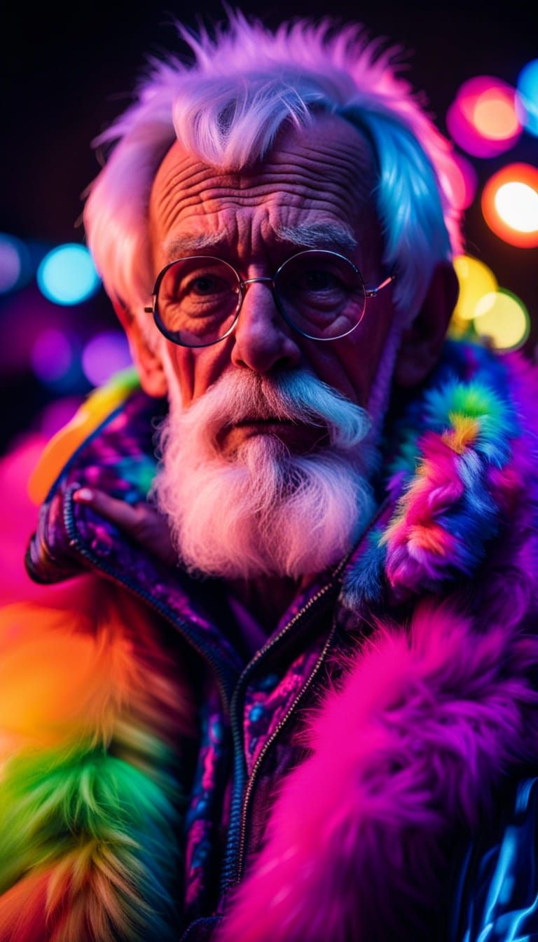 Colorful Fur Coat at Disco Festival, Hyperrealistic Art