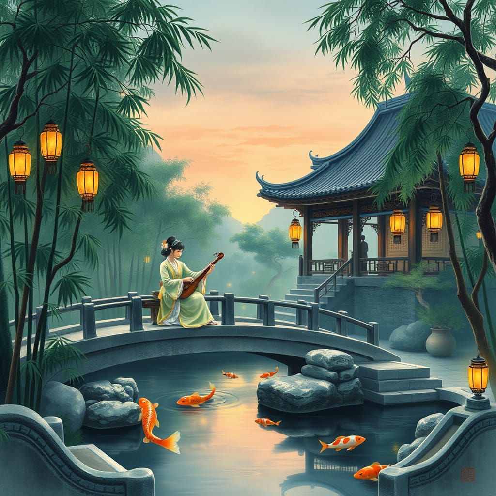 Serene Chinese Garden with Zither Player